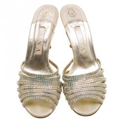 Pre Owned Gina Beige Crystal Embellished Sandals Size 38.5