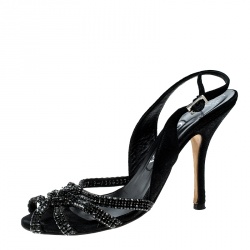 Pre Owned Gina Black Suede Crystal Embellished Peep Toe Slingback Sandals Size 38