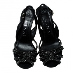 Pre Owned Gina Black Suede Crystal Embellished Peep Toe Slingback Sandals Size 38