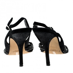 Pre Owned Gina Black Suede Crystal Embellished Peep Toe Slingback Sandals Size 38