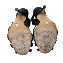 Pre Owned Gina Black Suede Crystal Embellished Peep Toe Slingback Sandals Size 38