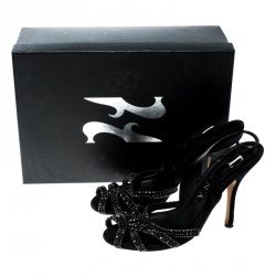 Pre Owned Gina Black Suede Crystal Embellished Peep Toe Slingback Sandals Size 38