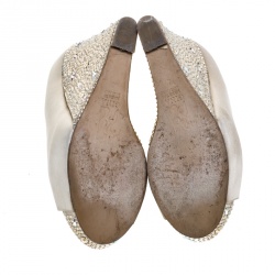 مملوكة مسبقًا حذاء كعب عالي جينا ساتان بيج مزخرف كريستال كعب روكي مقدمة مفتوحة نعل سميك مقاس 37