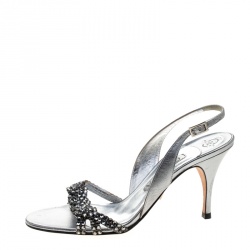 مملوكة مسبقًا Gina Metallic Silver Leather Crystal Embellished Slingback Sandals Size 38.5