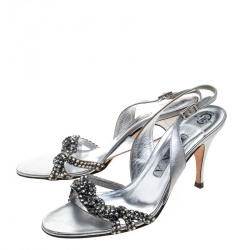 Gina Metallic Silver Leather Crystal Embellished Slingback Sandals Size 38.5