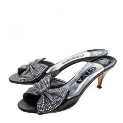 Gina Black Crystal Embellished Leather Sandals Size 39.5