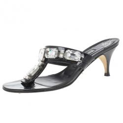 Pre Owned Gina Black Crystal Embellished Thong Sandals Size 38.5