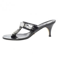 Pre Owned Gina Black Crystal Embellished Thong Sandals Size 38.5