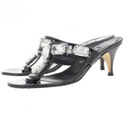 Pre Owned Gina Black Crystal Embellished Thong Sandals Size 38.5