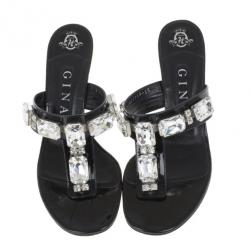 Pre Owned Gina Black Crystal Embellished Thong Sandals Size 38.5