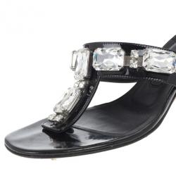 Pre Owned Gina Black Crystal Embellished Thong Sandals Size 38.5
