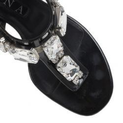 Pre Owned Gina Black Crystal Embellished Thong Sandals Size 38.5