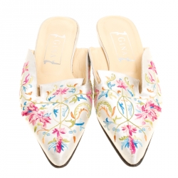 Pre Owned حذاء مولز فلات جينا مطرز زهور ساتان حرير بيج مقاس 39.5