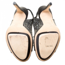 Pre Owned Gina Black Satin Crystal Embellished Platform Peep Toe Slingback Sandals Size 37.5