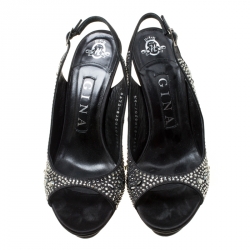 Pre Owned Gina Black Satin Crystal Embellished Platform Peep Toe Slingback Sandals Size 37.5