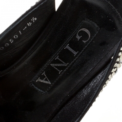 Pre Owned Gina Black Satin Crystal Embellished Platform Peep Toe Slingback Sandals Size 37.5
