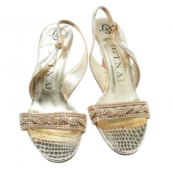 Pre Owned Gina Gold Leather Crystal Embellished Slingback Sandals Size 37.5