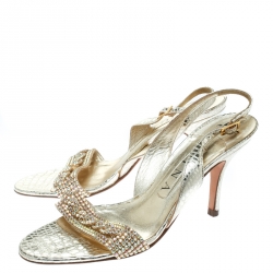 Pre Owned Gina Gold Leather Crystal Embellished Slingback Sandals Size 37.5