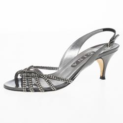 Pre Owned Gina Black Crystal Slingback Sandals Size 38.5