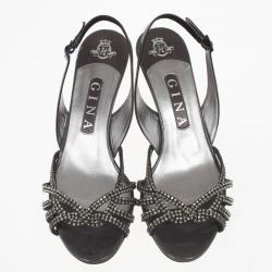 Pre Owned Gina Black Crystal Slingback Sandals Size 38.5