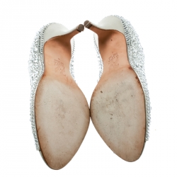 Pre Owned حذاء كعب عالي جينا مقدمة مفتوحة مزخرف كريستال ساتن رمادي فاتح مقاس 37