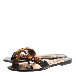 Pre Owned Gina Black Patent Leather Crystal Embellished Flat Slides Size 39.5