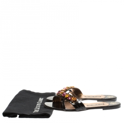 Pre Owned Gina Black Patent Leather Crystal Embellished Flat Slides Size 39.5