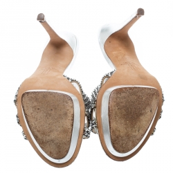 Pre Owned صندل جينا نعل سميك جلد مزخرف كريستال فضي مقاس 37.5