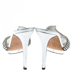 Pre Owned صندل جينا نعل سميك جلد مزخرف كريستال فضي مقاس 37.5