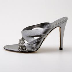 Pre Owned Gina Metallic Leather Crystal Slides Size 39