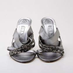 Pre Owned Gina Metallic Leather Crystal Slides Size 39