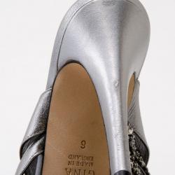 Pre Owned Gina Metallic Leather Crystal Slides Size 39