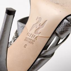 Pre Owned Gina Metallic Leather Crystal Slides Size 39