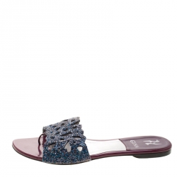 Pre Owned صندل فلات سلايد جينا مزخرف كريستال أزرق مقاس 39