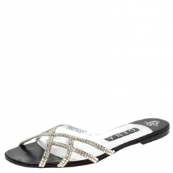 مملوكة مسبقًا Gina Metallic Silver Crystal Embellished Flat Slides Size 39
