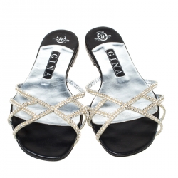 مملوكة مسبقًا Gina Metallic Silver Crystal Embellished Flat Slides Size 39