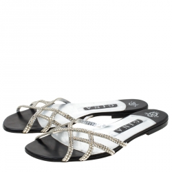 مملوكة مسبقًا Gina Metallic Silver Crystal Embellished Flat Slides Size 39