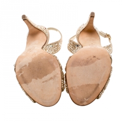 Pre Owned صندل جينا فتحة كعب ترودي ساتان مزخرف كريستال ذهبي مقاس 40