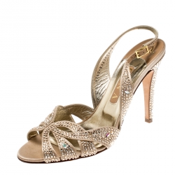 Pre Owned صندل جينا فتحة كعب ترودي ساتان مزخرف كريستال ذهبي مقاس 40