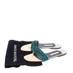 مملوكة مسبقًا Gina Blue Crystal Embellished Leather Flat Sandals Size 41