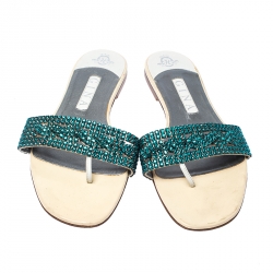 مملوكة مسبقًا Gina Blue Crystal Embellished Leather Flat Sandals Size 41