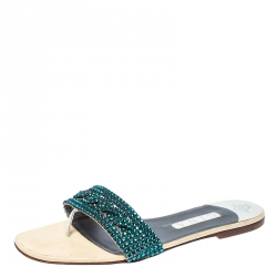 مملوكة مسبقًا Gina Blue Crystal Embellished Leather Flat Sandals Size 41