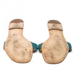 مملوكة مسبقًا Gina Blue Crystal Embellished Leather Flat Sandals Size 41