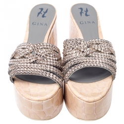 Pre Owned Gina Beige Croc Embossed Leather Embellished Wedge Platform Sandals Size 37.5