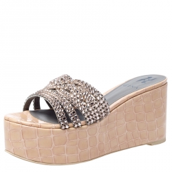 Pre Owned Gina Beige Croc Embossed Leather Embellished Wedge Platform Sandals Size 37.5