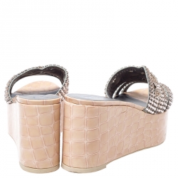Pre Owned Gina Beige Croc Embossed Leather Embellished Wedge Platform Sandals Size 37.5