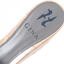 Pre Owned Gina Beige Croc Embossed Leather Embellished Wedge Platform Sandals Size 37.5