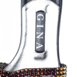 Pre Owned Gina Grey Crystal Embellished Leather Flat Slides Size 38.5