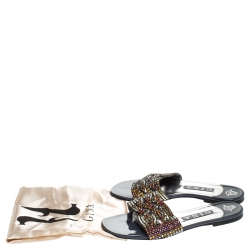 Pre Owned Gina Grey Crystal Embellished Leather Flat Slides Size 38.5