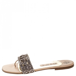 مملوكة مسبقًا Gina Metallic Bronze Crystal Embellished Leather Thong Flat Slides Size 39